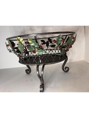 PartyLite Christmas Holly Berry Metal Centerpiece Bowl Basket Candle Holder